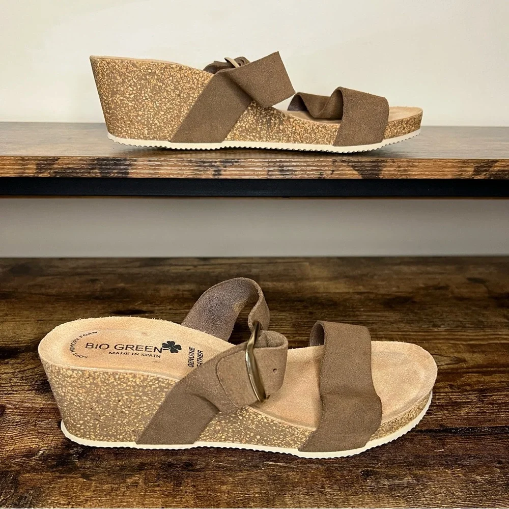 Bio‎ Green Cork Wedge Brown Leather Double Strap Made in Spain women's 40 8.5
